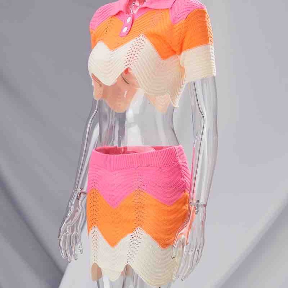 Pink and Orange Colorblock knitted skirt set
